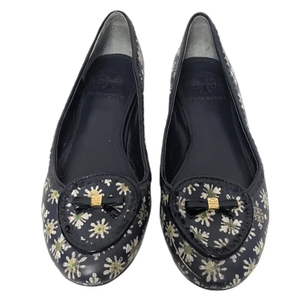 TORY BURCH Daisy Floral Navy Blue Flats Loafers 7